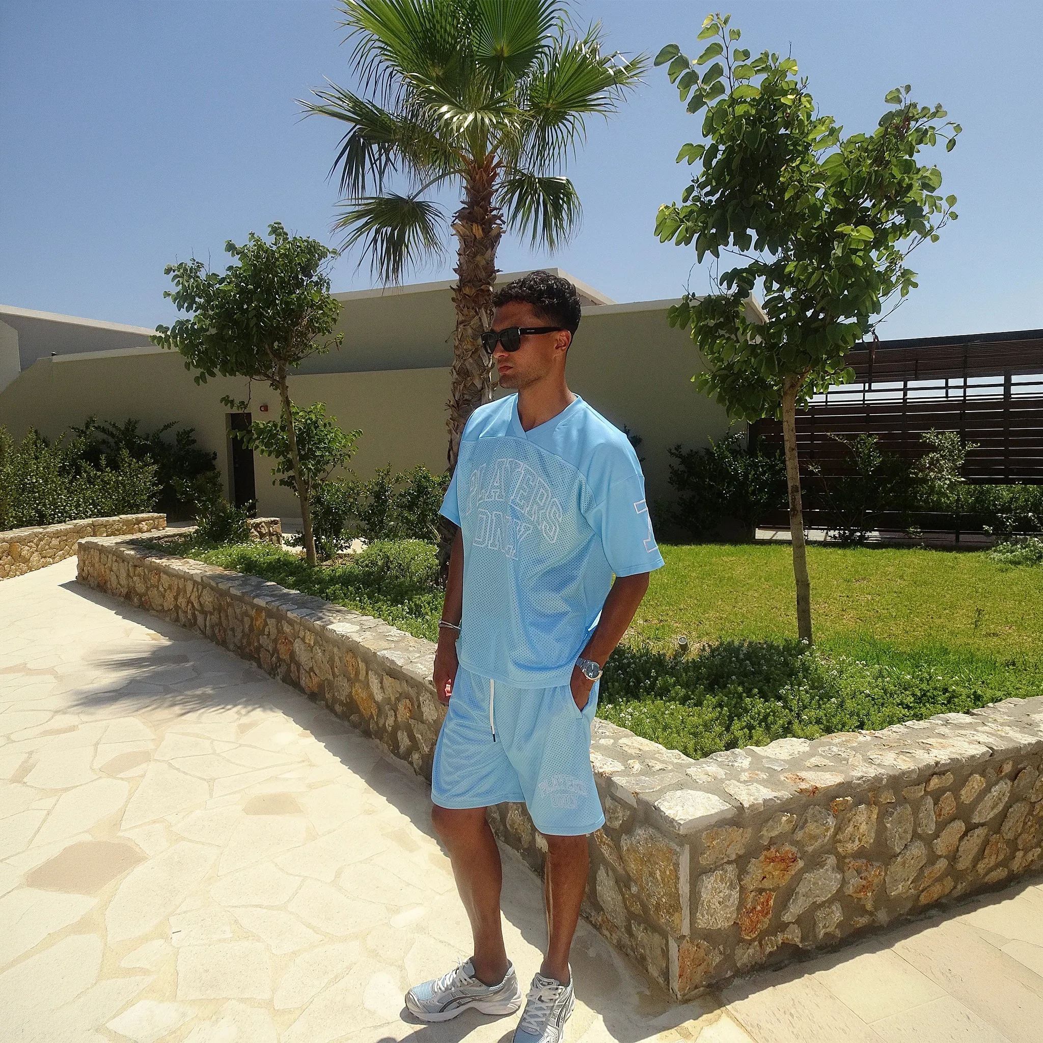 Model View of Players Only Mesh Blue Jersey Shorts